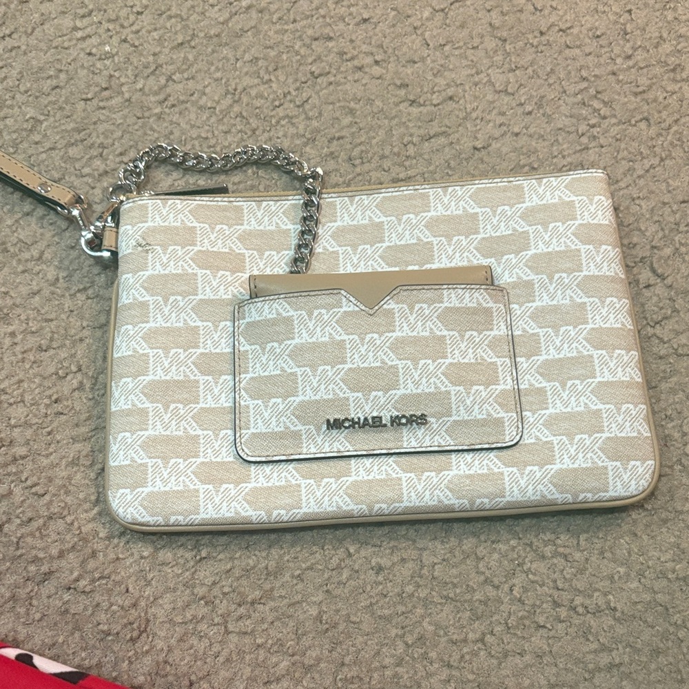 Michael Kors Tan and White Logo Pouch